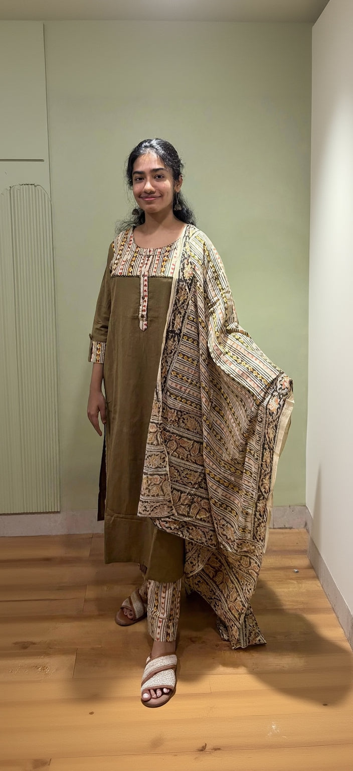 Kalamkari Dupatta Set(Mehendi Green Color)