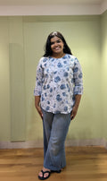 Floral Bell Sleeves Short Top (Blue Color)