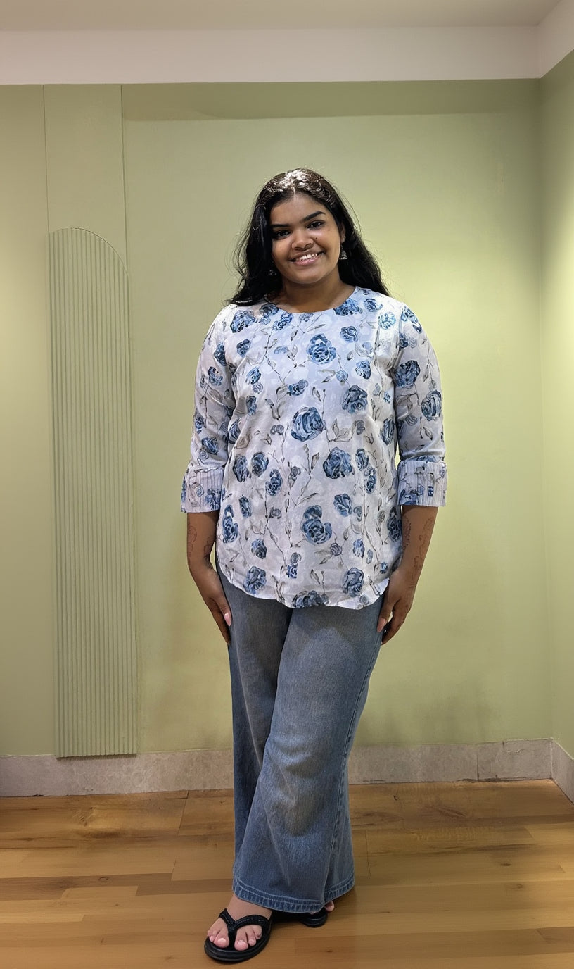 Floral Bell Sleeves Short Top (Blue Color)