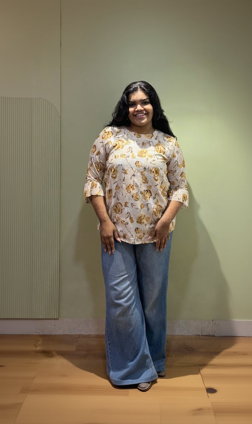 Floral Bell Sleeves Short Top (Yellow Color)