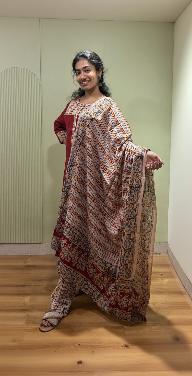 Kalamkari Dupatta Set (Maroon Color)
