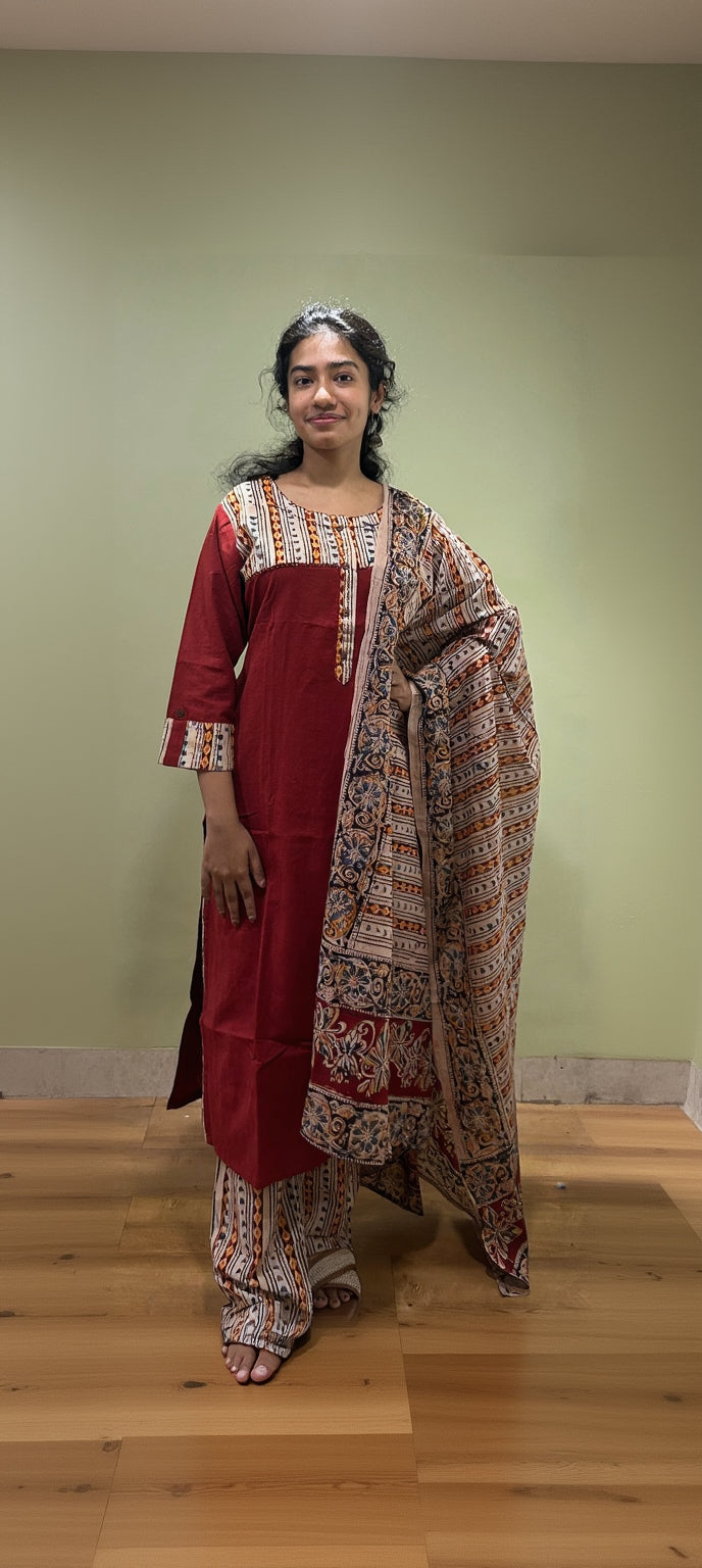 Kalamkari Dupatta Set (Maroon Color)